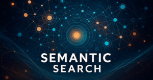 Illustrazione futuristica che rappresenta la ricerca semantica attraverso connessioni digitali interconnesse e relazioni semantiche tra concetti, ottimizzata per SEO.
