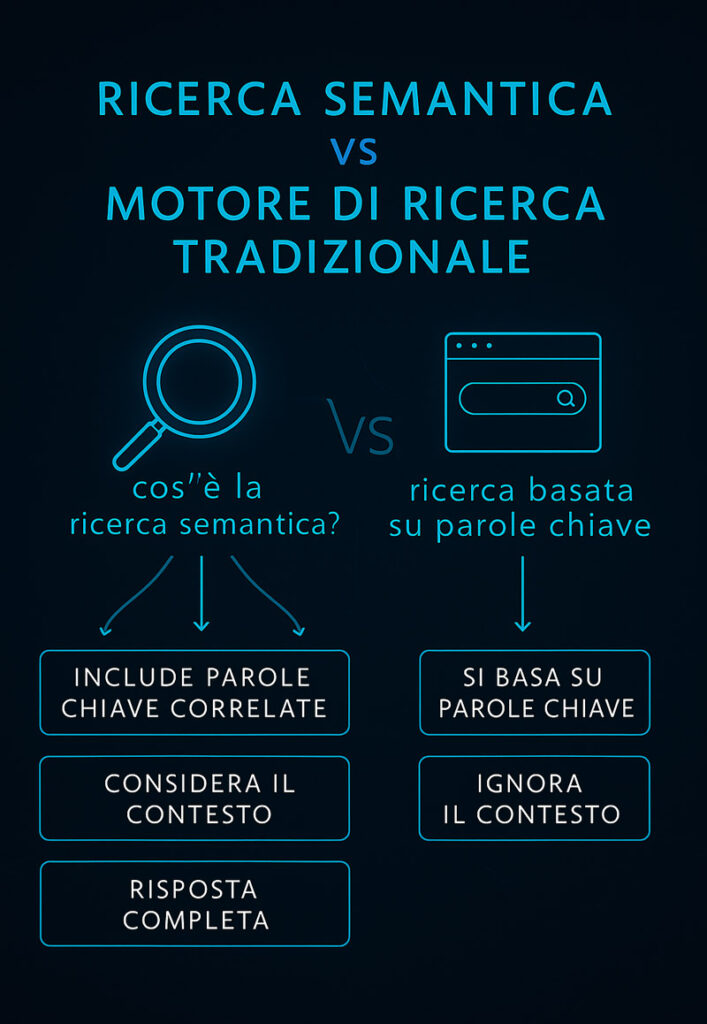 Infografica comparativa tra ricerca semantica e motori di ricerca tradizionali, evidenziando le differenze nei risultati e nel contesto delle query.