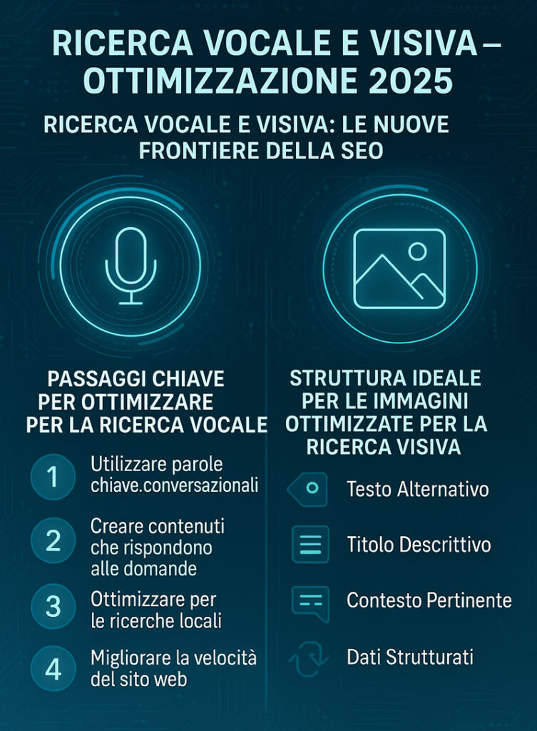Infografica futuristica che mostra le strategie di ottimizzazione SEO per la ricerca vocale e visiva nel 2025. Include passaggi chiave per query vocali e struttura ideale per immagini ottimizzate