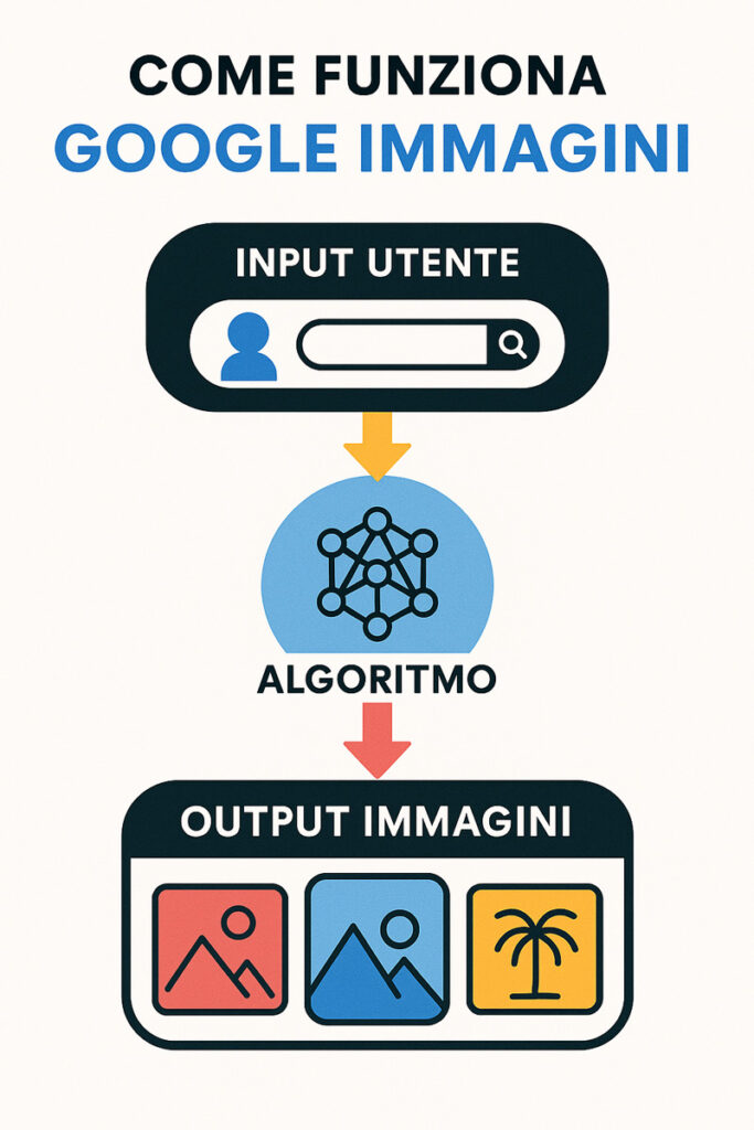 Schema visivo semplificato che mostra il funzionamento di Google Immagini: dalla richiesta dell’utente alla restituzione dei risultati visivi