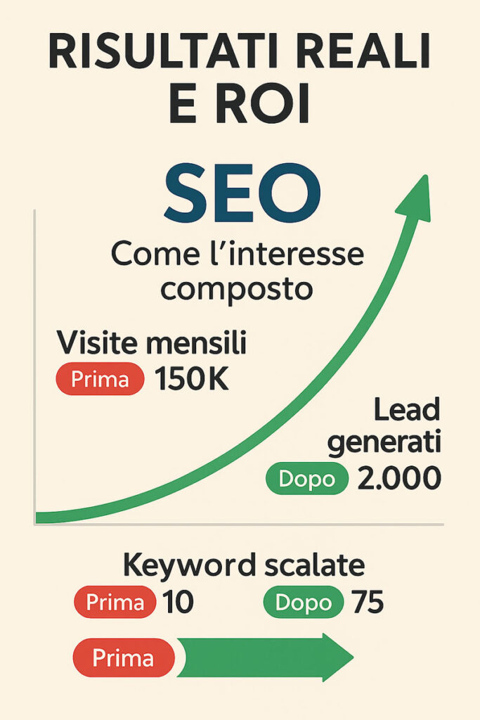 Infografica che mostra un caso studio SEO prima e dopo, con aumento delle visite mensili, lead generati, keyword posizionate e un grafico a curva esponenziale per rappresentare il ROI della search engine optimization nel tempo.