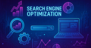 Visuale futuristica astratta che rappresenta il concetto di search engine optimization con flussi digitali, rete neurale e interfacce dinamiche, senza testo