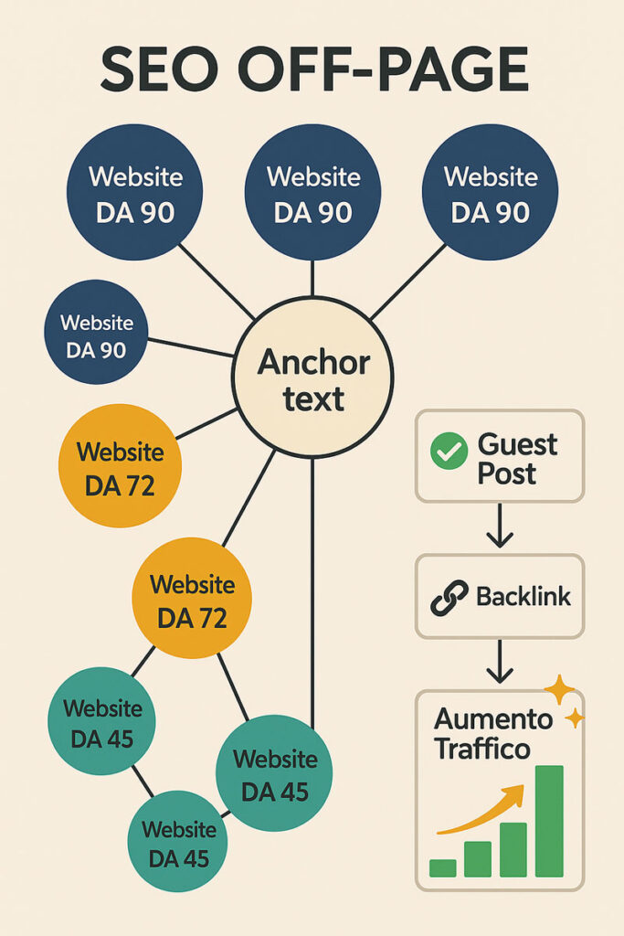 Infografica SEO off-page con mappa relazionale di backlink in entrata, livelli di Domain Authority, simboli di trust e diagramma guest post verso traffico organico.