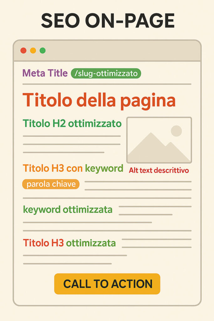 Mockup UX di una pagina web ottimizzata per la search engine optimization, con evidenza di H1, H2, H3, meta title, slug, attributo alt immagini e call to action ottimizzata.