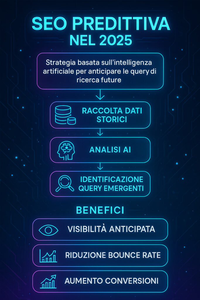 Infografica futuristica che illustra il processo e i benefici della SEO predittiva nel 2025, includendo raccolta dati storici, analisi AI e creazione contenuti pre-lancio