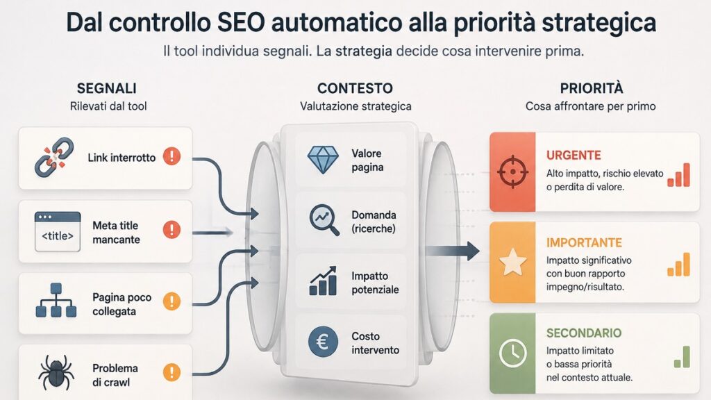 SEO Tester Online: recensione, prezzi, funzionalità e alternative 1 Dal controllo SEO automatico alla valutazione delle priorità in base a contesto e impatto