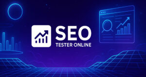 Visual futuristica panoramica con logo SEO Tester Online al centro, ambientazione digitale ad alto contrasto visivo