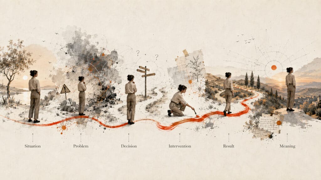 Storytelling: cos'è, come si fa ed esempi nel marketing 1 Percorso dello storytelling dalla situazione iniziale al problema, decisione, intervento, risultato e significato