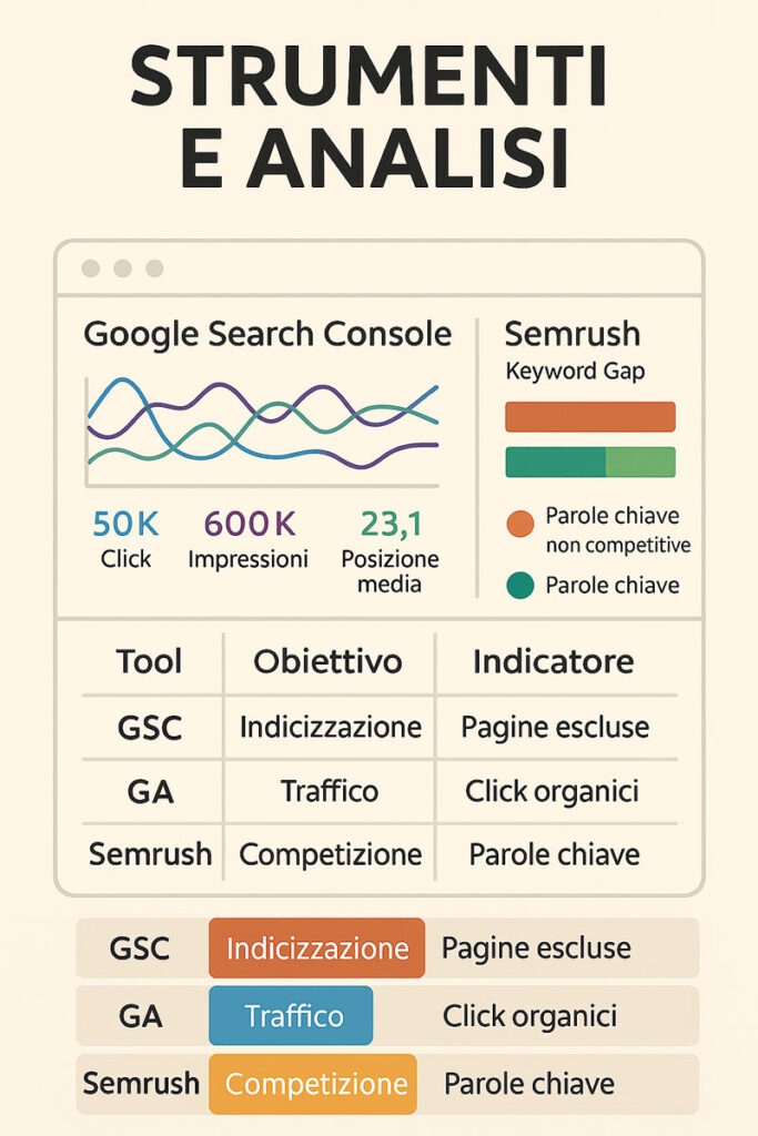 Infografica SEO con cruscotto comparativo che mostra dati di Google Search Console e Semrush, keyword gap, click, impressioni e tabella tool-obiettivo-indicatore per la search engine optimization.