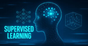 Rappresentazione futuristica del supervised learning con reti neurali, connessioni dati e struttura di machine learning in uno stile cibernetico.