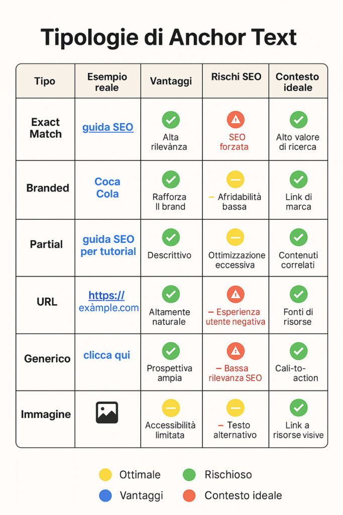 Tabella visiva in italiano che confronta le tipologie di anchor text con esempi, vantaggi, rischi SEO e contesti d’uso consigliati