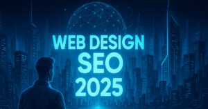 Illustrazione futuristica rappresentante le strategie di Web Design e SEO nel 2025, con ambientazioni digitali e atmosfere avveniristiche