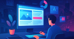 Visuale futuristica di un web designer all'opera in un ambiente digitale panoramico, con interfacce e tecnologie avanzate