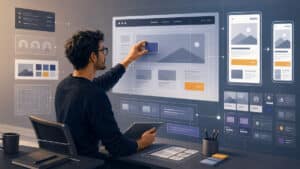 Web designer che organizza struttura, componenti e layout responsive di un sito web