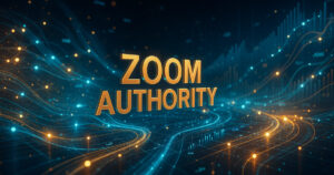 Rappresentazione futuristica di Zoom Authority con flussi di dati e connessioni digitali in uno scenario dinamico, simbolo di autorità e crescita online.