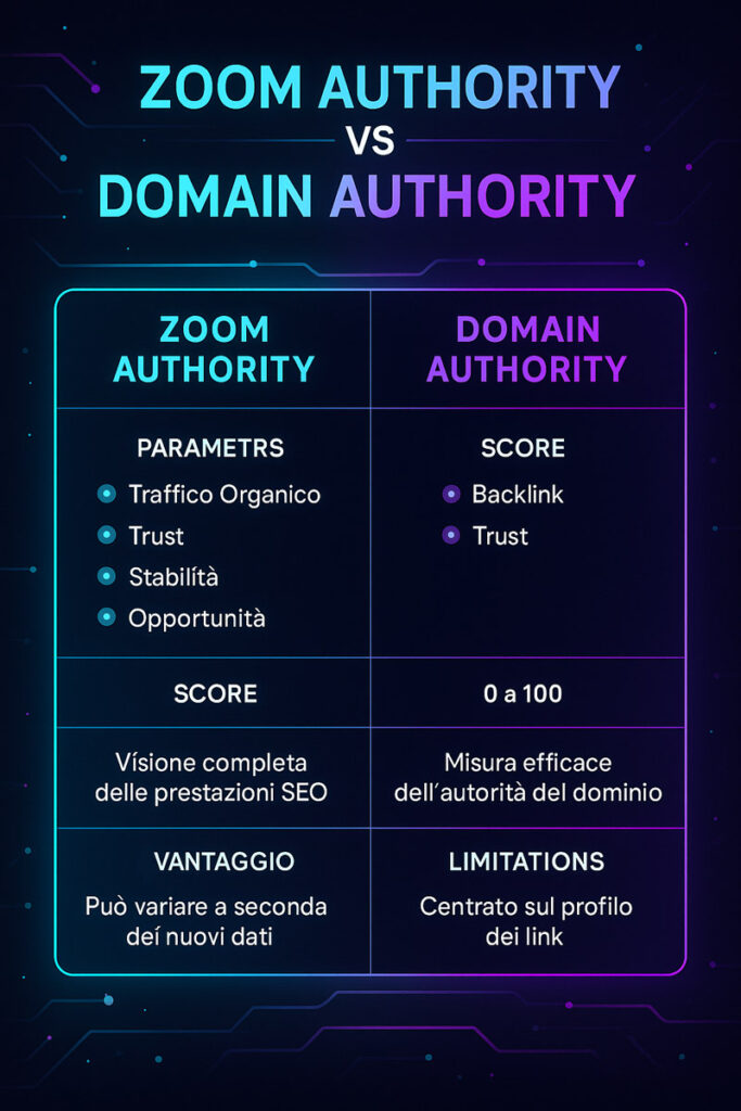 Confronto visivo tra Zoom Authority e Domain Authority, evidenziando parametri, vantaggi e limiti delle due metriche SEO in un design futuristico.