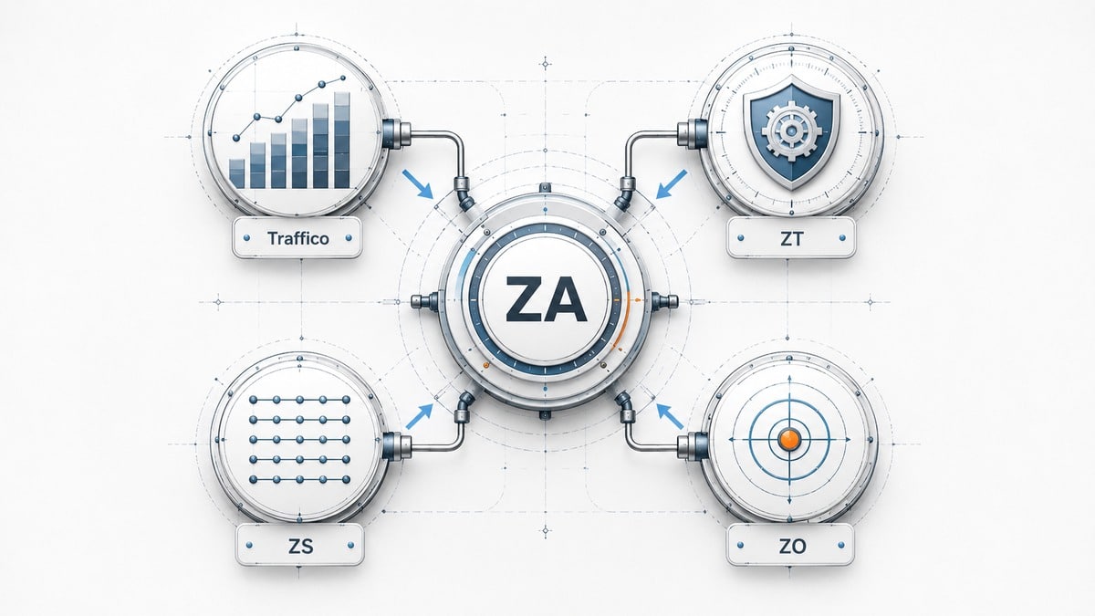 Zoom Authority: cos’è, come si calcola e come aumentarla 1 Schema della Zoom Authority con traffico organico, Zoom Trust, Zoom Stability e Zoom Opportunity