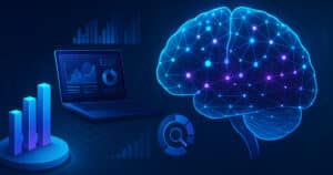 Illustrazione digitale futuristica di modelli predittivi basati su intelligenza artificiale, con reti neurali, dati e strutture geometriche astratte