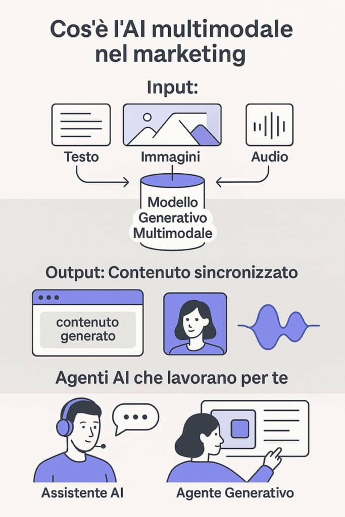 Infografica vettoriale che illustra il funzionamento dell’AI multimodale nel marketing: flussi di input (testo, immagini, audio), modello generativo centrale e agenti AI operativi.