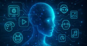 Rappresentazione futuristica degli AI tools in ambiente digitale astratto, senza testi, colori vividi, stile panoramico, accessibile.
