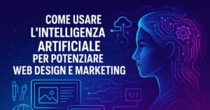 Rappresentazione futuristica dell’intelligenza artificiale nel web design e marketing digitale, con ambienti immersivi, interfacce neurali e flussi creativi generati da AI.