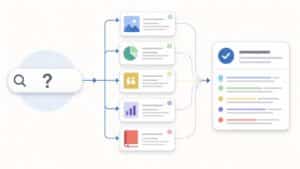Diagramma concettuale dell’Answer Engine Optimization con una domanda, più fonti recuperate e una risposta generata