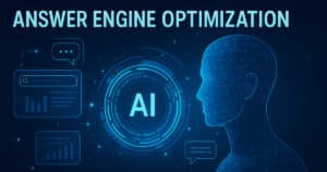 Rappresentazione futuristica dell’Answer Engine Optimization con AI generativa e motori di risposta