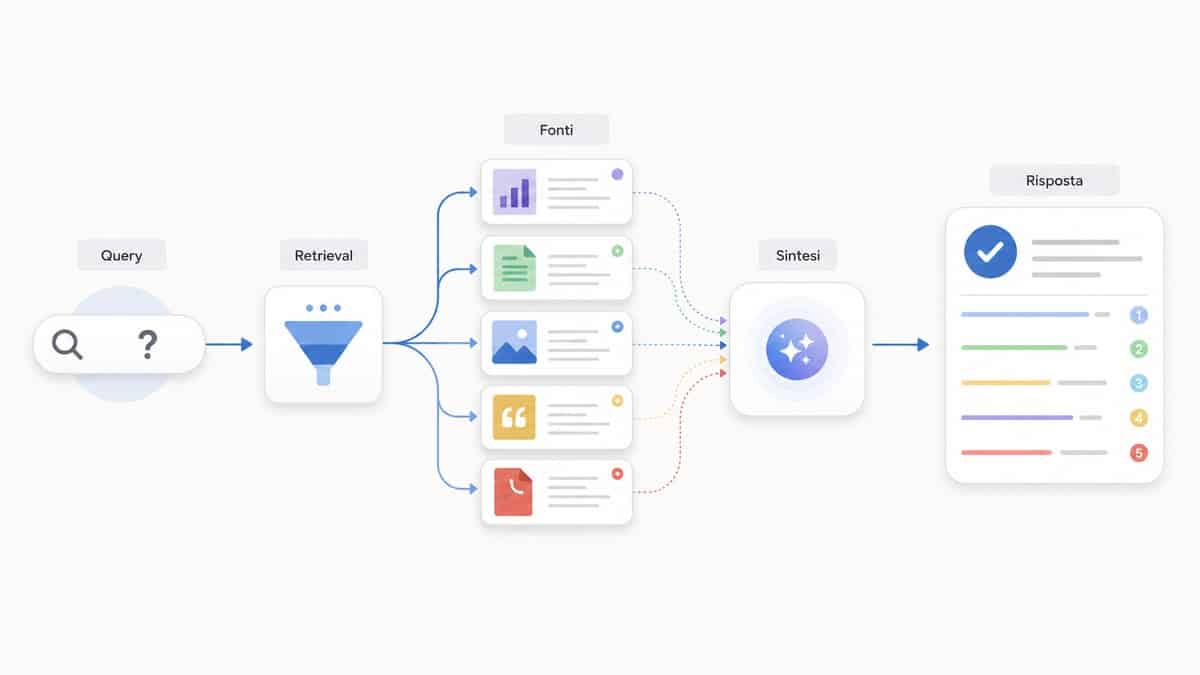 Answer Engine Optimization (AEO): cos’è, come funziona e cosa ottimizzare davvero 1 Schema del processo in cui una query recupera più fonti che vengono selezionate e utilizzate per generare una risposta
