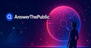 Visualizzazione futuristica di Answer the Public con intenti di ricerca rappresentati da nodi connessi e logo centrale stilizzato