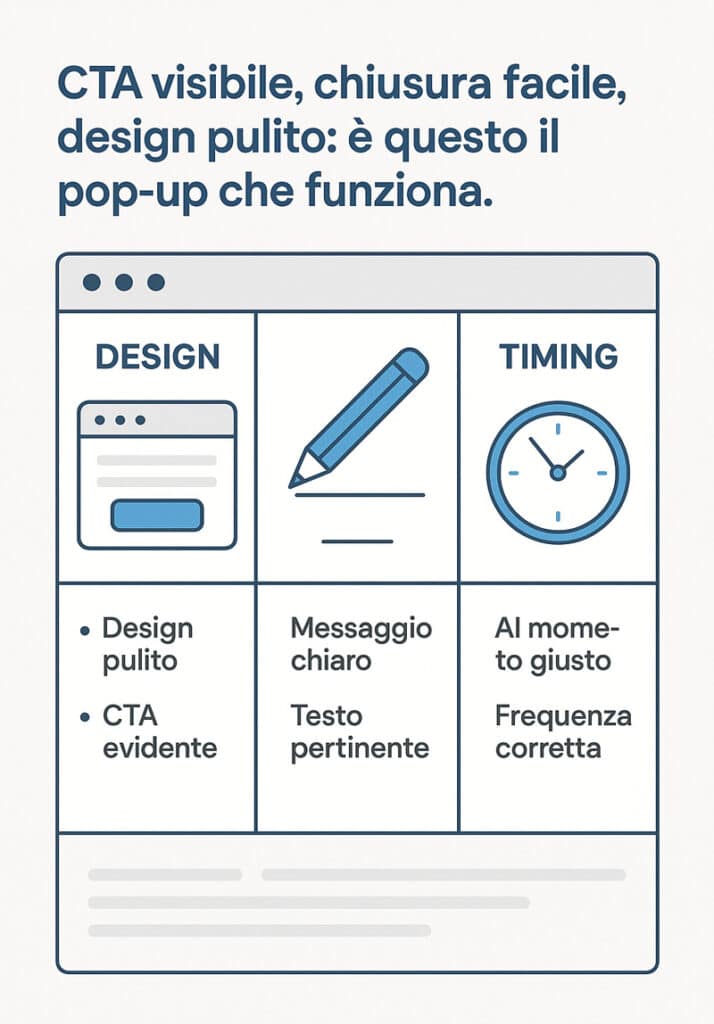 Schema UX in stile flat con tre blocchi su come creare pop-up efficaci: design pulito, copywriting chiaro e timing corretto, con icone intuitive e testi brevi
