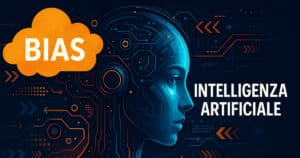 Illustrazione futuristica che rappresenta i bias nei sistemi di intelligenza artificiale, con volti umani distorti da reti neurali e algoritmi