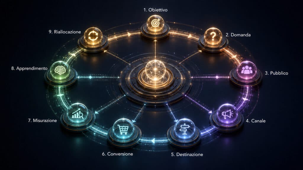 Web marketing: cos’è, come funziona e come costruire una strategia efficace 1 Ciclo della strategia web marketing da obiettivo e domanda fino a misurazione, apprendimento e riallocazione