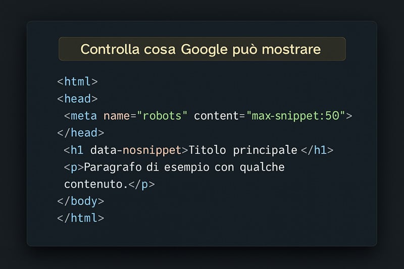 Come funzionano i Featured Snippet: guida completa per dominare la posizione zero 4 Editor di codice HTML con evidenziazione degli attributi data-nosnippet e max-snippet per controllare i featured snippet su Google