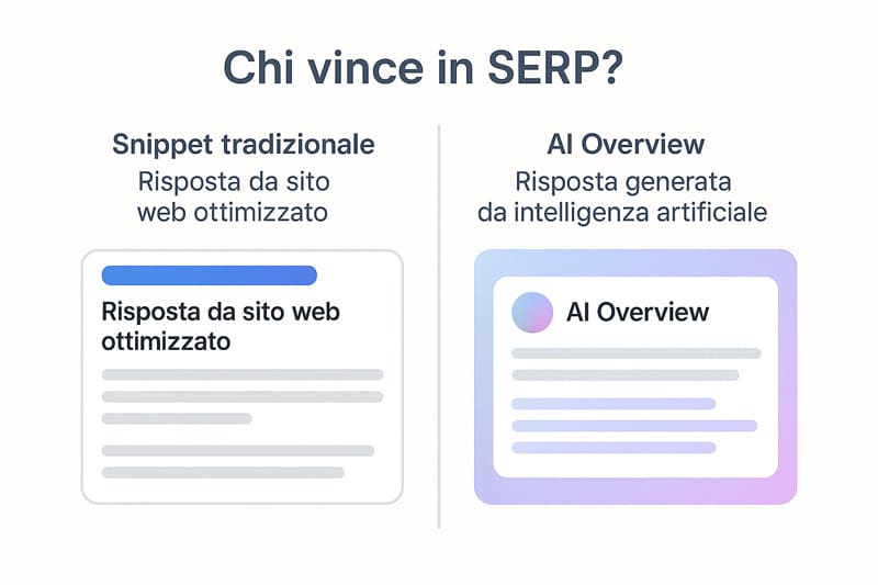 Come funzionano i Featured Snippet: guida completa per dominare la posizione zero 6 Confronto visivo tra snippet tradizionale da sito ottimizzato e AI Overview generata da intelligenza artificiale su Google