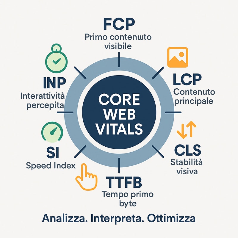 WebPageTest: la guida definitiva per analizzare, migliorare e monitorare la velocità del tuo sito con precisione chirurgica 8 Infografica circolare Core Web Vitals con sei metriche chiave FCP, LCP, CLS, TTFB, SI, INP – WebPageTest