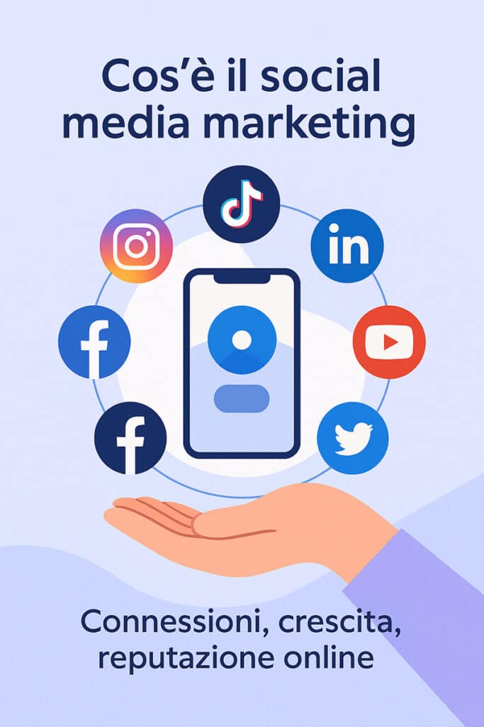 Infografica moderna sull’ecosistema del social media marketing: smartphone centrale circondato da icone Facebook, Instagram, TikTok, LinkedIn, YouTube, mano aperta simbolo di crescita e connessione digitale.