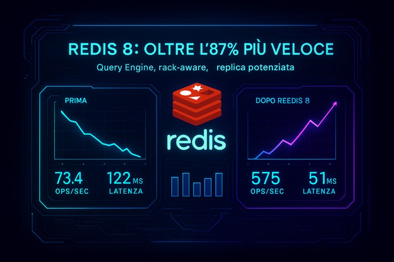 Redis: la guida completa per capire come funziona, usarlo al meglio e sfruttare il suo potenziale in tempo reale 4 Dashboard digitale futuristica che confronta le performance di Redis prima e dopo la versione 8, evidenziando il nuovo motore di query, l’aumento dell’efficienza e l’ottimizzazione del throughput.