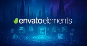 Illustrazione digitale futuristica panoramica che rappresenta Envato Elements con logo originale, tecnologia creativa, intelligenza artificiale e contenuti digitali in evidenza