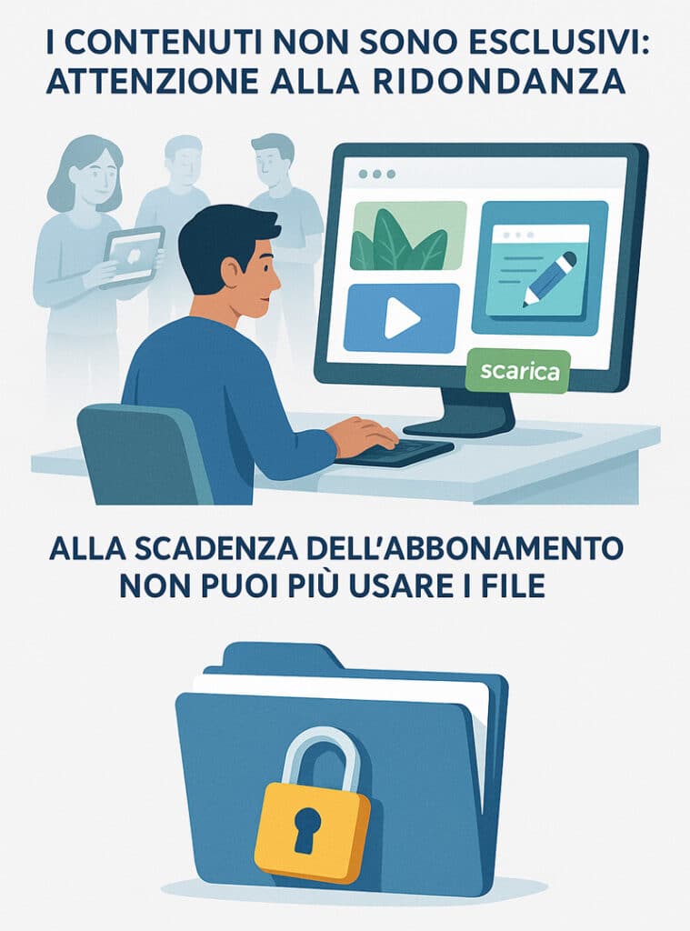 Infografica visiva su Envato Elements che mostra i limiti di utilizzo degli asset non esclusivi e il blocco dopo la scadenza dell’abbonamento