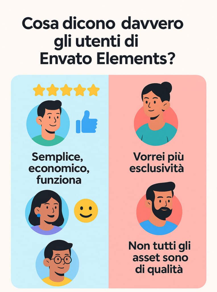 Infografica che mostra recensioni positive e critiche su Envato Elements con avatar, stelle, like ed emoji, in una visuale a doppia colonna accessibile e mobile friendly