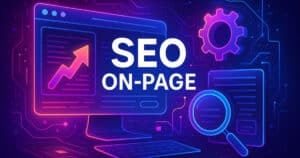 Illustrazione futuristica che rappresenta la SEO on-page come ecosistema digitale in evoluzione con elementi interattivi, connessioni semantiche e interfacce trasparenti