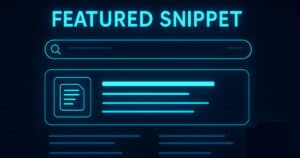 Box featured snippet Google evidenziato in SERP futuristica blu neon con grafiche digitali