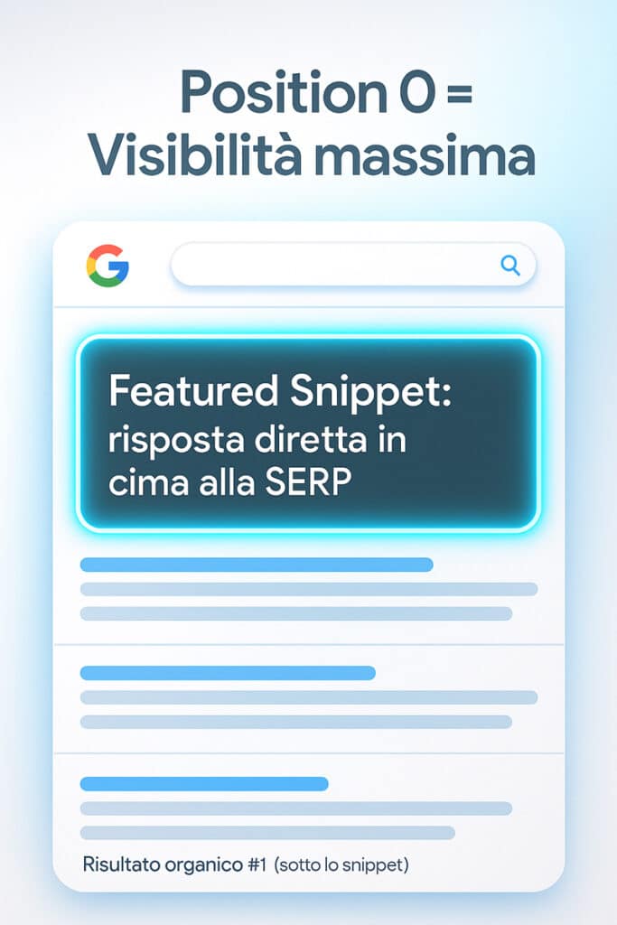 Come funzionano i Featured Snippet: guida completa per dominare la posizione zero 1 Box featured snippet evidenziato in posizione zero su SERP Google futuristica con alone blu e layout visivo digitale