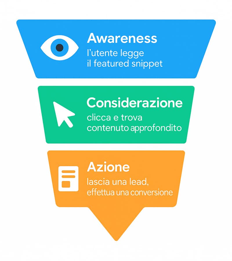 Come funzionano i Featured Snippet: guida completa per dominare la posizione zero 7 Funnel di conversione SEO con tre fasi attivate da featured snippet: awareness, considerazione, azione finale