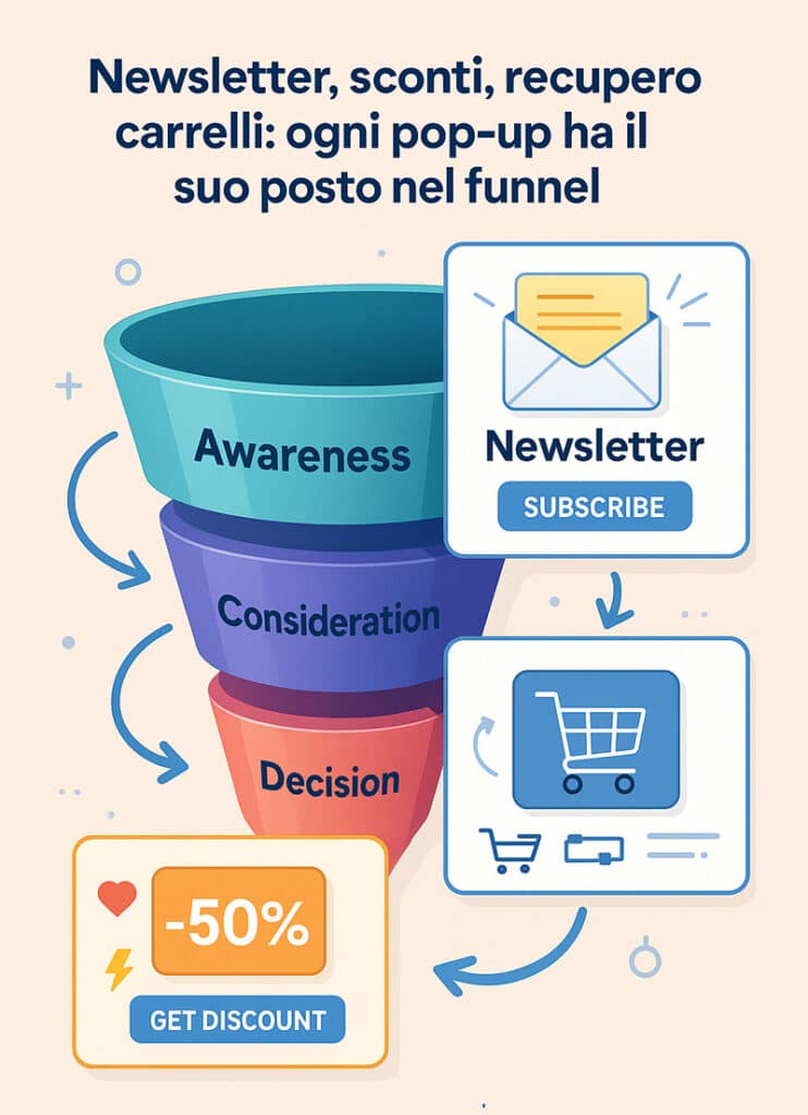 Infografica 3D con funnel di marketing diviso in tre stadi: awareness, consideration e decision, ognuno con un pop-up specifico integrato nel percorso utente