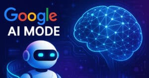 Illustrazione futuristica di Google AI Mode con logo originale e dettagli tecnologici, stile moderno, colori luminosi su sfondo chiaro"