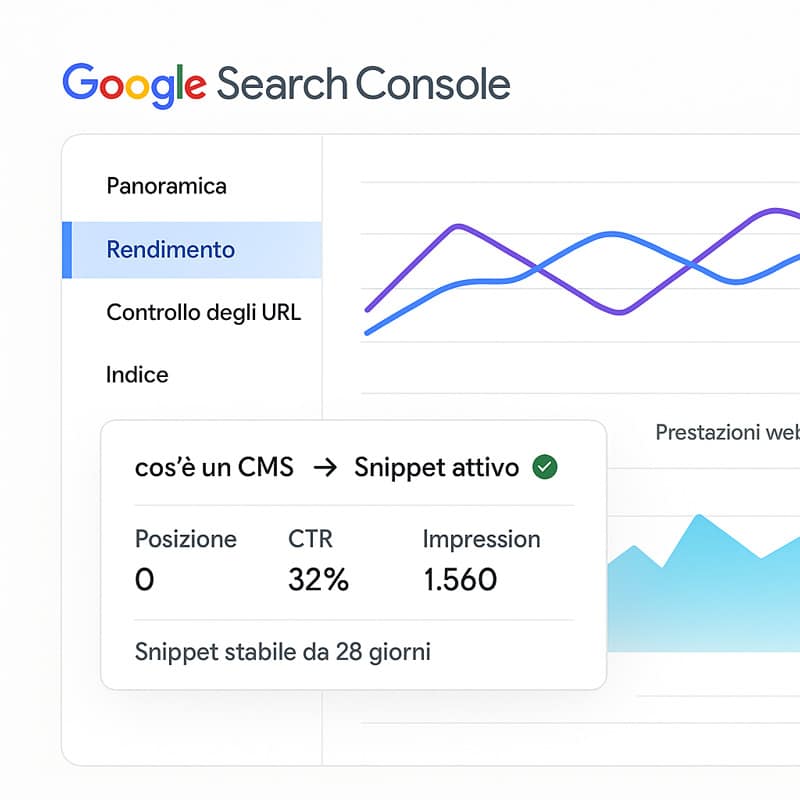 Come funzionano i Featured Snippet: guida completa per dominare la posizione zero 5 Mockup Google Search Console con snippet attivo evidenziato per la query cos’è un CMS, con CTR, posizione zero e impression indicate