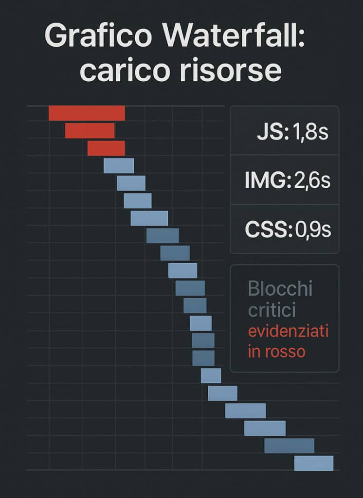 WebPageTest: la guida definitiva per analizzare, migliorare e monitorare la velocità del tuo sito con precisione chirurgica 5 Grafico Waterfall simulato di WebPageTest con tempi di caricamento risorse e blocchi critici evidenziati