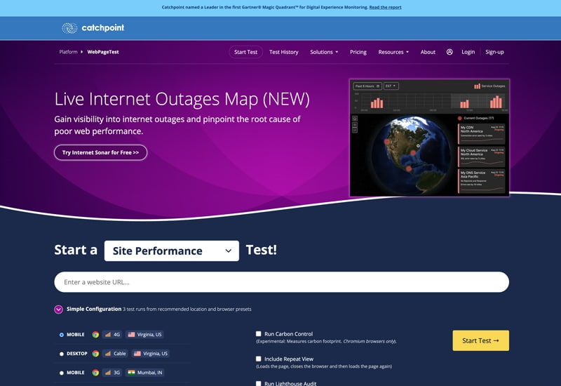 WebPageTest: la guida definitiva per analizzare, migliorare e monitorare la velocità del tuo sito con precisione chirurgica 1 Schermata della homepage ufficiale di WebPageTest con strumenti di test performance, mappa interattiva e configurazioni test su mobile e desktop
