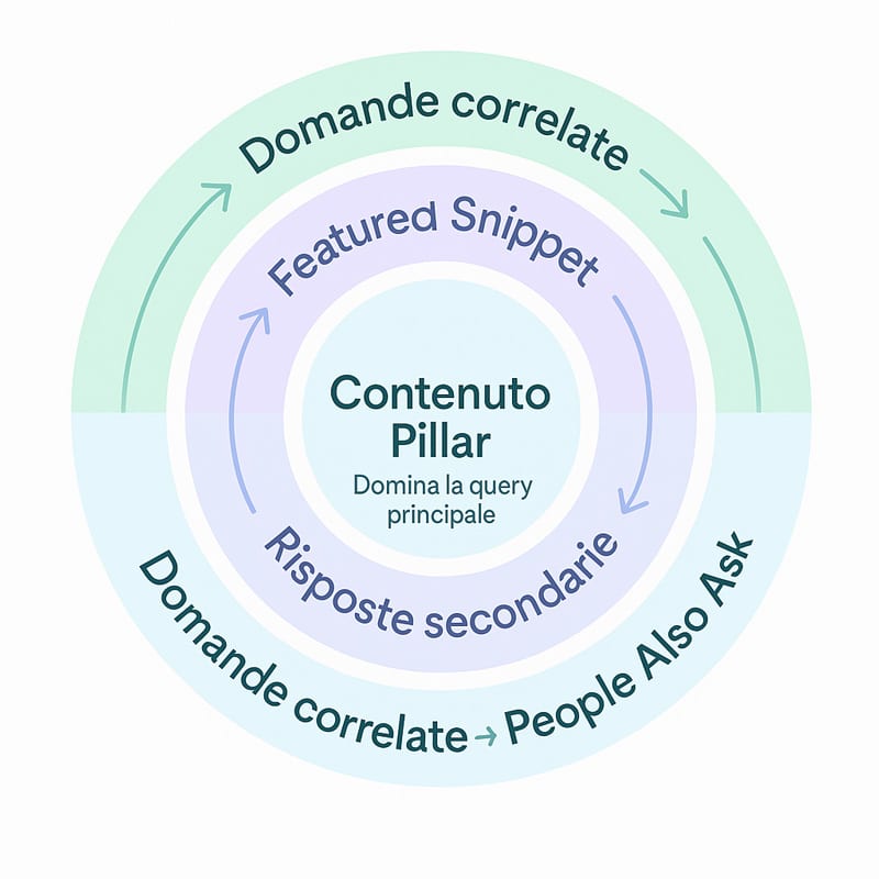 Come funzionano i Featured Snippet: guida completa per dominare la posizione zero 9 Diagramma circolare multilivello con contenuto pillar al centro e frecce verso featured snippet e domande correlate PAA